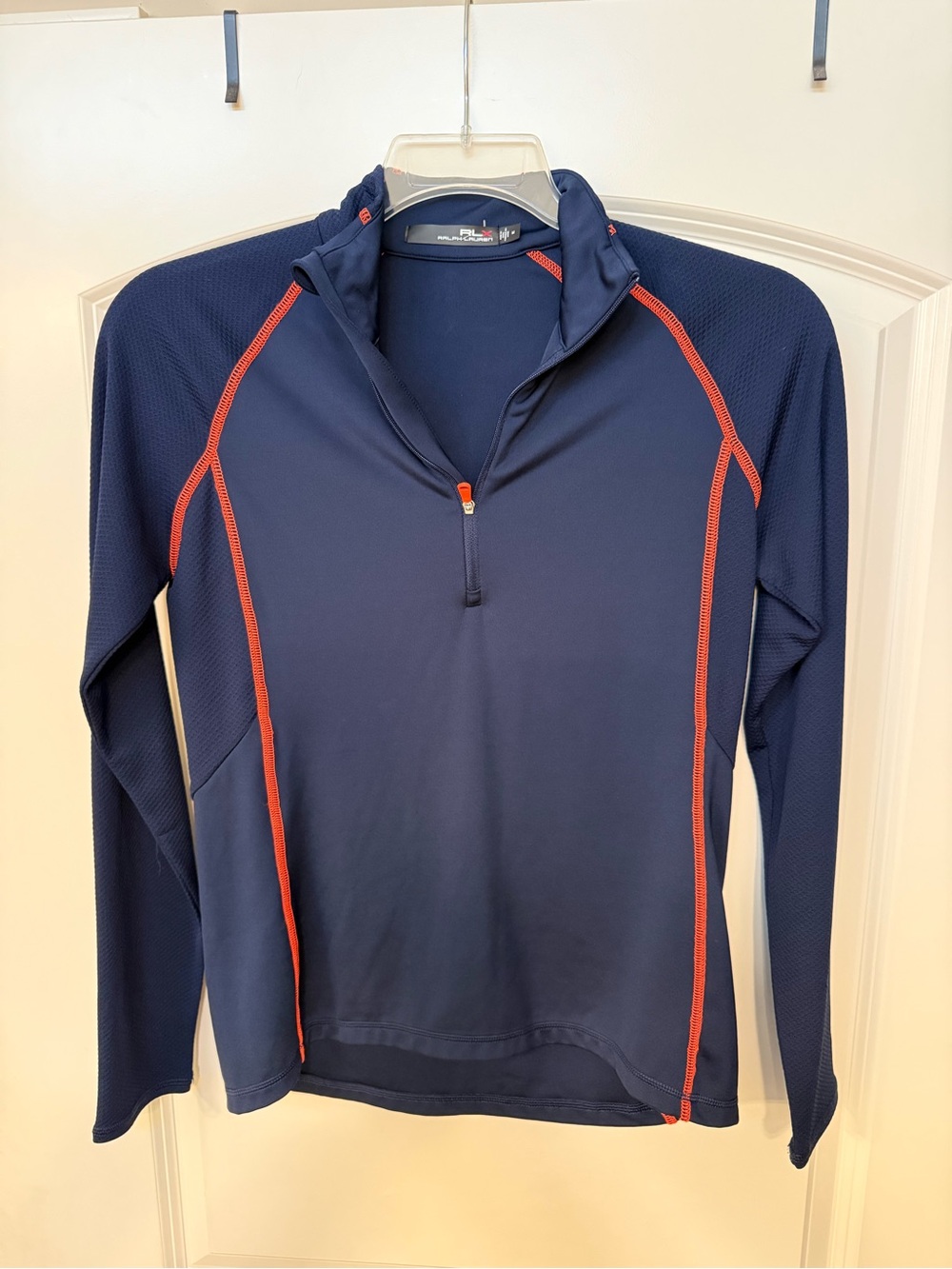 Ralph Lauren RLX line,Navy Long-Sleeve Performance Zip Pullover with Orange Trim